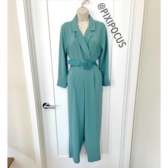 ZARA LONG BELTED JUMPSUIT TURQUOISE BLUE - Picture 6 of 13